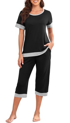 PrinStory Women's Pajama Set Short Sleeve Shirt and Capri Pants Sleepwear Pjs Sets Lounge Set Light Khaki-M