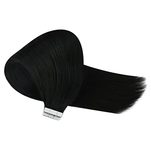 Ve Sunny Tape in Hair Extensions Black Tape in Real Human Hair Extensions #1 Jet Black Tape ins Extensions Human Hair for Girls Black Hair Extensions Silky Straight 20pcs 50g 14inch