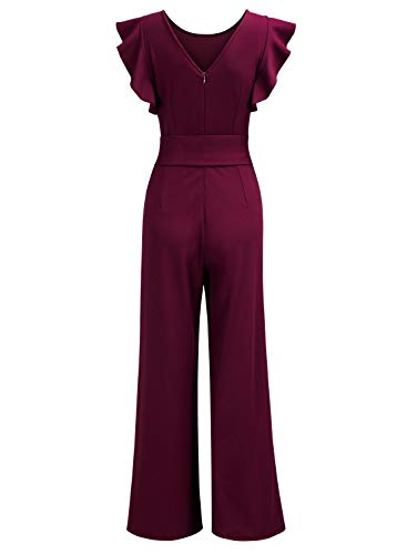 Knitee Women's Vintage Sleeveless Ruffle High Waist Wide Leg Romper Formal Long Jumpsuit with Belt (A-Burgundy, Small, s)