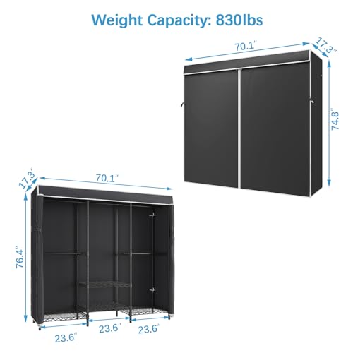 VIPEK V5C SE Garment Rack Wardrobe Closet, Heavy Duty Clothes Rack with Adjustable Shelves and Black Upgraded Polyester Cover, Black Metal Clothing Storage Organizer for Bedroom, 70.1" Lx17.3 Wx76.4 H