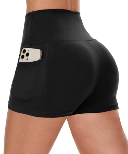 CAMPSNAIL Biker Shorts Women with Pockets - 3"/5"/8" High Waisted Workout Spandex Tummy Control Gym Running Yoga Shorts Dark Grey