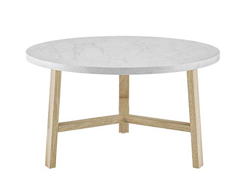Walker Edison Mid Century Modern Round Coffee Table Living Room Accent Ottoman Storage Shelf, 30 Inch, Marble and Acorn