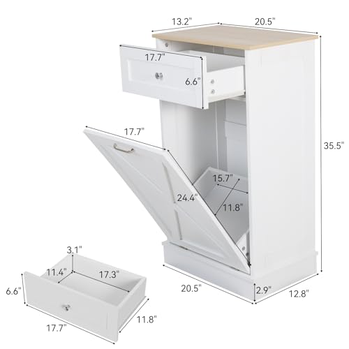 Puluomis Tilt Out Trash Cabinet-Free Standing Kitchen Waste Bin-Wooden Recycling Trash Cabinet with Drawer-Grey