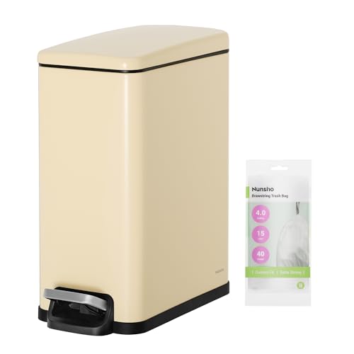 Nunsino Small Bathroom Trash Can with 15 Garbage Bags,2.6 Gallon Stainless Steel Garbage Can with Lid Soft Close,Small Trash Bin for Bathroom,Kitchen,Home Office,Almond Yellow