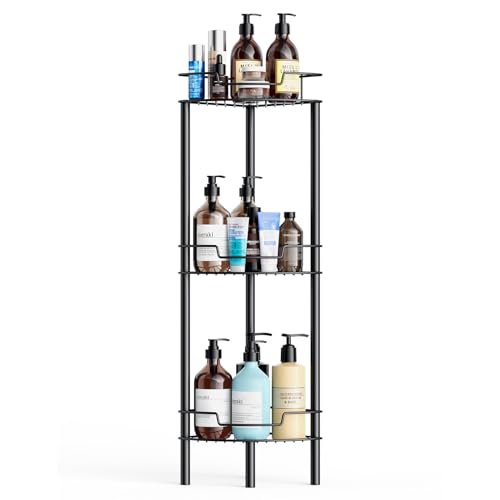 Detukna Corner Shower Caddy, 4 Tier Rustproof Shower Organizer Shelf for Bathroom Shampoo Storage, Waterproof Stainless Steel Floor Corner Stand Rack for Bathroom Balcony Kitchen, No Drilling, Black…