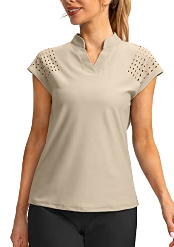 Soothfeel Women's Golf Shirt Cap Sleeve V Neck Polo Shirts Lightweight Quick Dry Workout Tennis Shirts Tops for Women(Black, L)