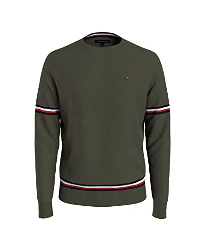 Tommy Hilfiger Mens Essential Signature Stripe Crewneck Pullover Sweater, Army Green, X-Small US