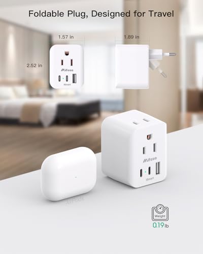 European Travel Plug Adapter, Foldable International Power Plug Adapter with 2 AC Outlets 3 USB Charging Ports(2 USB C), Type C Plug Adapter Travel Essentials, 1 Pack