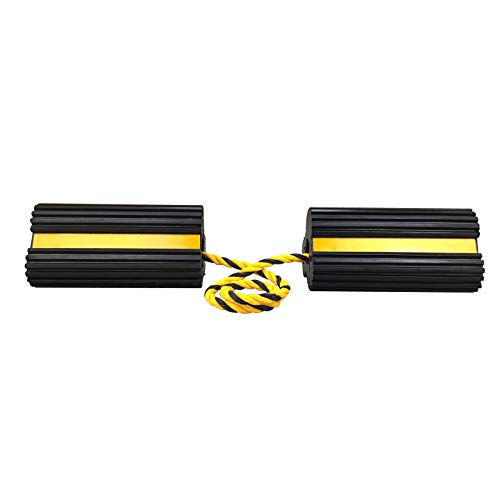 ROBLOCK Heavy Duty Wheel Chocks, Rubber Wheel Block Non-Slip Base with Nylon Rope Yellow Reflective Tape - 1 Pair Black, Wheel Stoppers for Travel Trailers, RV, Aircraft, Car, Camper, Truck