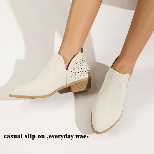JITUUE Ankle Boots for Women Casual Cut Out Slip On Low Heel Short Chunky Stacked Heel Perforated Side V Cut Western Booties Cutout Shoes(Beige,US 6