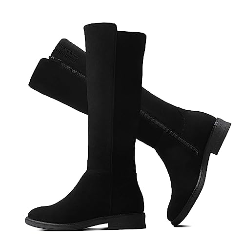 Shoe'N Tale Women's Knee High Boots Flat Low Heel Stretchy Round Toe with Side Zipper(6.5,Nude Knit)