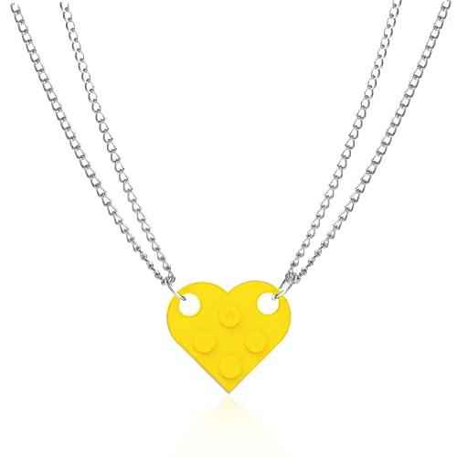 Bricks Assembled Pendant Necklace Heart Shape Matching Geometric Block Charms Valentines Day Friendship Creative Jewelry Gift for Couple Lover Best Friends (Orange)