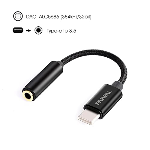 FAAEAL Type-C to 3.5mm DAC Cable Decoding Headphone Converter Gold-Plated Female Seat Earphone Amplifier Braided/Silver-Plated Wire Audio Adapter for Win10 Android Tablet PC Earphones (Black)