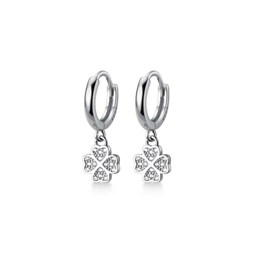 SLUYNZ 925 Sterling Silver CZ Clover Hoop Earrings Dangle for Women Teen Girls Lucky Clover Leaf Huggie Earrings Flower Drop (A-Silver)