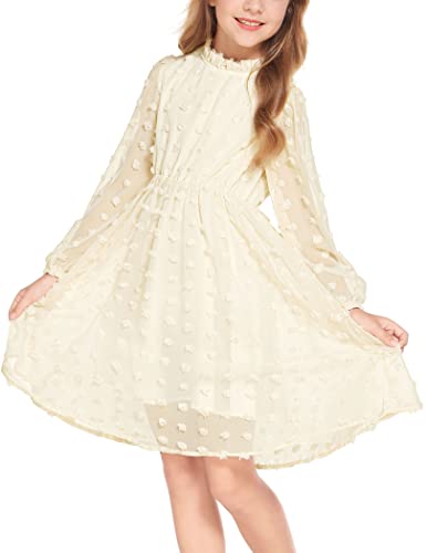 Flypigs Tween Girls Long Sleeve Fall Dresses Swiss Dot Casual Party Dress Hot Pink 7-8Years