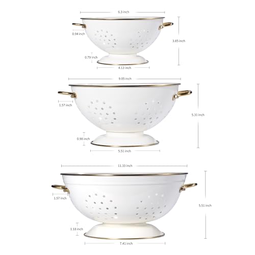 Metal Colander Set of 3, Strainer Basket with Handles perfect for Spaghetti, Pasta, Berry, Vegetable, Fruit, Solid Base Powder Coated Kitchen Essential Strainer Set, 1 & 3.5 & 5 Qt (Cream)