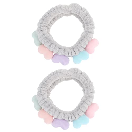 Beaupretty 2pcs Plush Spa Headband Cute Heart Coral Fleece Makeup Headband Soft Elastic Head Wrap Cosmetic Bow Hair Bands Women Facial Hair Scrunchies for Shower (Grey)
