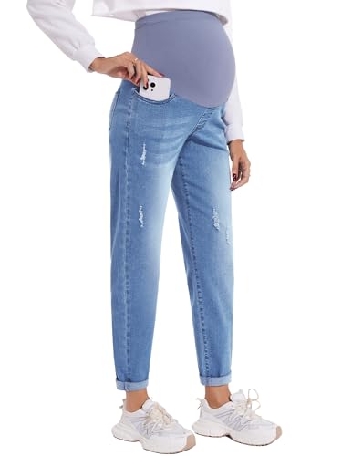 POSHGLAM Women's Maternity Jeans Over Belly Comfy Stretch Boyfriend Jeans Denim Pregnancy Pants(Light Blue, Small)