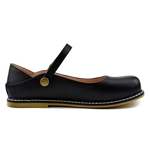 100FIXEO Women Buckle Ankle Strap Mary Jane Flat Shoes (6, Black)
