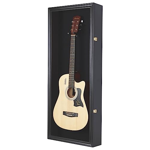 DisplayGifts 42" Electric Guitar Display Case Cabinet Shadow Box with Guitar Hanger Stand, Lockable UV Protection Black Felt Interior with Black Frame