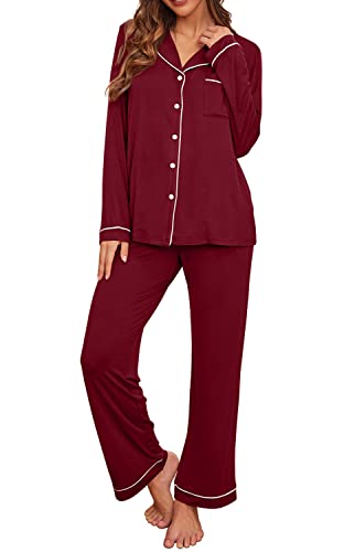 PrinStory Women's Pajamas Set Long Sleeve Sleepwear Casual Loungewear Soft Button Down Pjs Set with Pockets Wine Red-Small