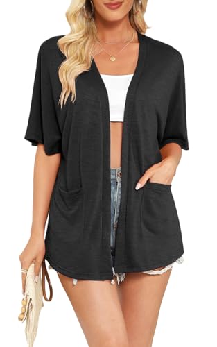 Veryoung Womens Plus Size Short Sleeve Kimono Cardigans Lightweight Summer Cardigan Casual Loose Beach Cover Up Curved Hem with Pockets,Mint_Green,3XL