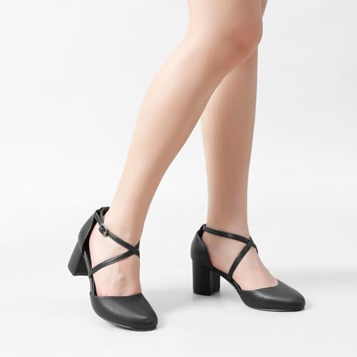 Greatonu Women's Nude Low Block Heeled Dress Pumps Closed Round Toe Cross Strap Wedding Bridal Party Office Shoes Size 6