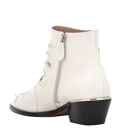 Comfity Boots for women, Women's Leather Booties Rivets Studded Shoes Metal Buckle Low Heels Ankle Boots White Silver 6 US