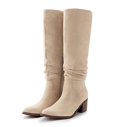 Athlefit Womens Knee High Chunky Heel Boots Faux Suede Pointed Toe Side Zipper Brown Boots Size 11