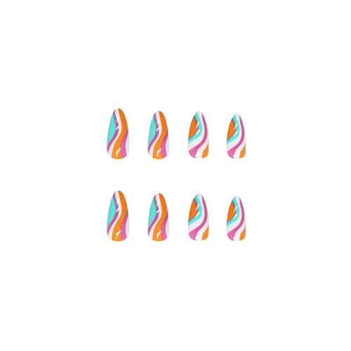 Colorful Nails Press on Nails Medium Almond Fake Nails with Gorgeous colorful stripes Designs Rainbow Elements Full Cover Acrylic False Nails for Women Manicure(24 PCS)