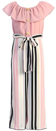 BluNight Collection Big Girls Sleeveless Cold Shoulder Ruffle Button Stripe Summer Romper Jumpsuit Tiffany 14 (2J1K7S1)