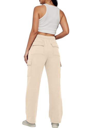 Trendy Queen Womens Drawstring Cargo Sweatpants Casual Fleece Wide Leg Cotton Joggers Sweatpants Sports Lounge Trousers White