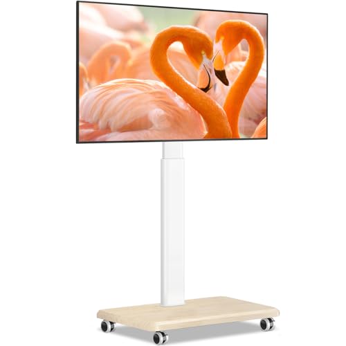 TVON Rolling TV Stand for 32 to 65 70 Inch TVs, Elegant Floor TV Stand with Wheels, Mobile TV Stand with 9 Levels of Height Adjustment for Optimal Viewing, White TV Stands for Living Room, Outdoor