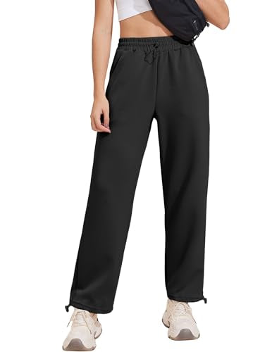 PINSPARK Sweatpants Women Drawstring High Waist Track Pants Baggy Straight Leg Joggers Sweatpants with Pockets Black S