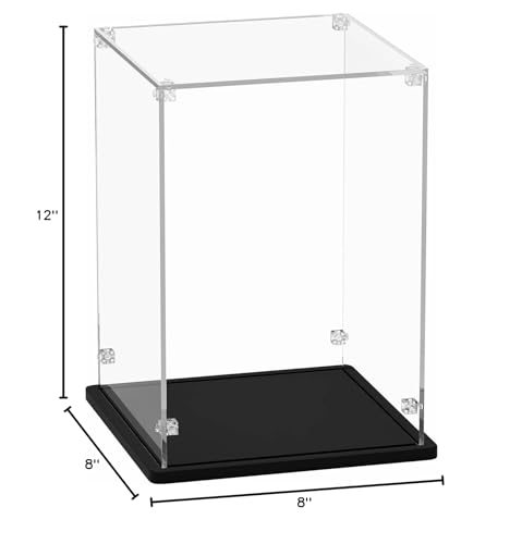 Gemutlich Acrylic Display Case 8x8x12 inch - 3mm Thick Acrylic Display Box with Black Wooden Base, Assemble Dustproof Showcase Clear Display Case for Collectibles Figures Lego Helmet Doll Toys Models