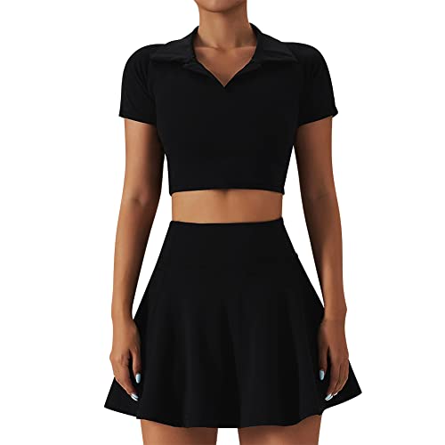 Tennis Outfits for Women 2 Piece High Waist Pleated Tennis Skirt with Shorts and Pockets Short Sleeve Crop Golf Skort Skirt Athletic Workout Outfits Skirts Sets Black Small