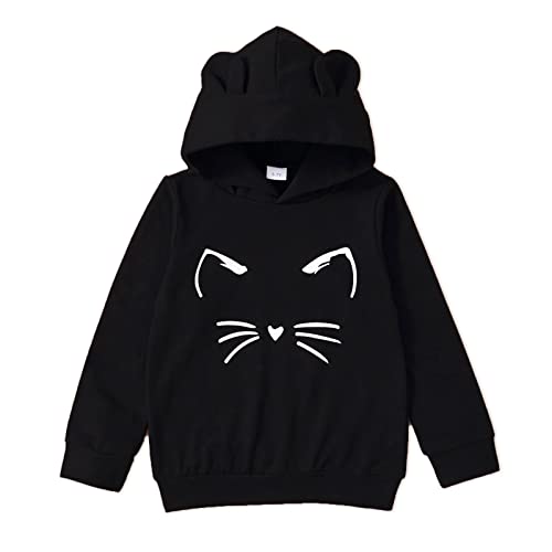 PATPAT Girl's Cute Cat Ear Hoodies Long Sleeve Causal Plain Hoodie Sweatshirt Shirt 5-6 Years Black