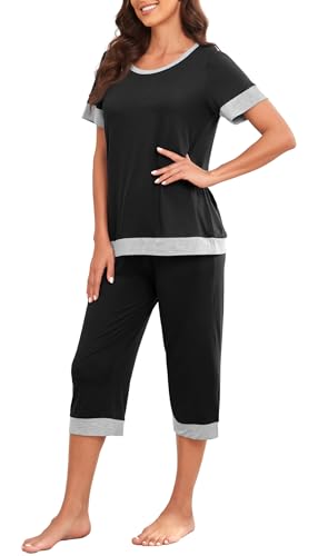 PrinStory Women's Pajama Set Short Sleeve Shirt and Capri Pants Sleepwear Pjs Sets Lounge Set Light Khaki-M