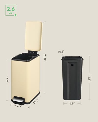 Nunsino Small Bathroom Trash Can with 15 Garbage Bags,2.6 Gallon Stainless Steel Garbage Can with Lid Soft Close,Small Trash Bin for Bathroom,Kitchen,Home Office,Almond Yellow