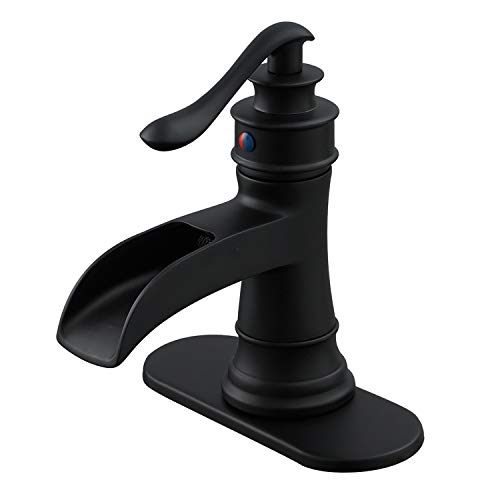 BWE Black Bathroom Faucet Matte Waterfall Sink Farmhouse Bath Vanity Single Hole Faucets One Handle Basin Antique centerset Restroom Mixer Tap Supply Line Lead-Free