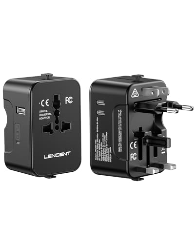LENCENT International Travel Adapter, Universal Travel Adapter with 1 USB-A + 2 Type C, All in One Power Adapter for Phone,Laptops, Worldwide Plug Adapter for USA UK EU AUS, Black