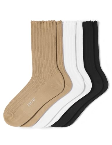 HUE Women's Scalloped Pointelle Sock, Asst. #2: Tiger’s Eye/White/Black, One Size