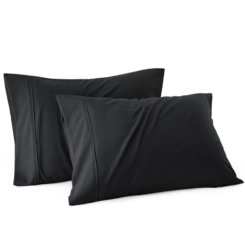 Bedsure Cooling Pillow Cases Queen - Polyester & Rayon Derived from Bamboo Black Pillowcase Set of 2, Breathable, Soft and Wrinkle-Free Pillow Covers with Envelope Closure, Gifts, 20x30 Inches