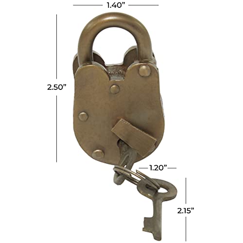 Deco 79 Metal Studded Lock And Key with Distressed Details, 1" x 1" x 3", Bronze