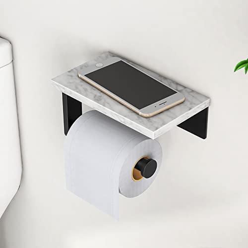 Gypie Marble Toilet Paper Holder with Shelf, 304 Stainless Steel Screw Wall Mounted, Tissue Roll Holder for Bathroom Washroom Matte Black