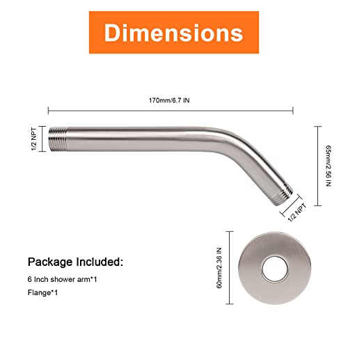 HarJue Shower Arm with Flange and Teflon Tape, Wall Mounted Shower Pipe Arm 304 Stainless Steel Extension Arm for Fixed Shower Head & Handheld Showerhead (6 Inch, Brushed Nickel)