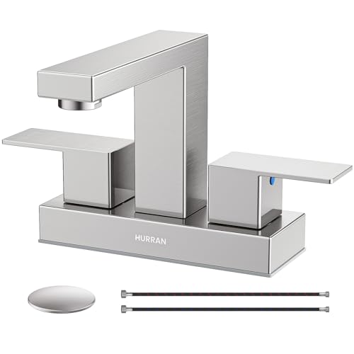 Bathroom Sink Faucet, Hurran 4 inch Brushed Gold Bathroom Faucets for Sink 3 Hole with Pop-up Drain and Supply Lines, Stainless Steel 2-Handle Faucet for Bathroom Sink Vanity RV Restroom