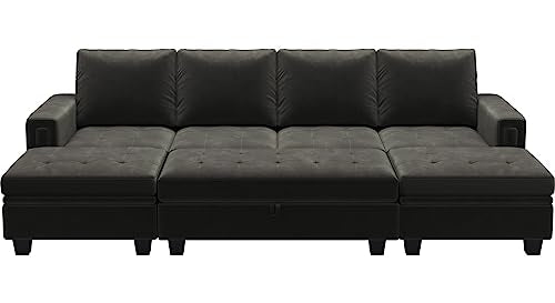 Belffin Velvet Convertible 4-Seat Sectional Sleeper Sofa with Reversible Chaise Sleeper Sectional Couch Bed with Storage Ottoman Sectional Sofa Couch Set Black