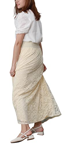 CHARTOU Womens Elegant Floral Lace Elastic High Waist Pleated Maxi Long Beach Skirts (X-Small, Beige)