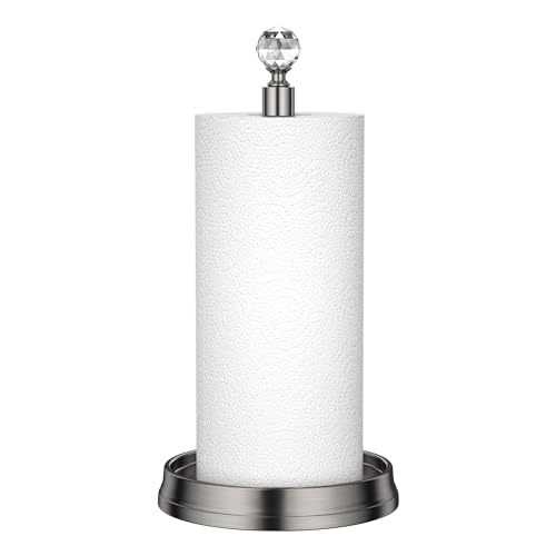 KASUNTO Paper Towel Holder with Crystal Ball - Steel Countertop Stand, Fits Standard & Jumbo Rolls, Brushed Nickel